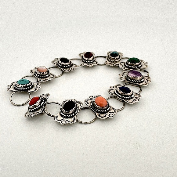 Vintage Signed Navajo Sterling Silver Jeweled Cuff Bracelet RMJ - Picture 1 of 9